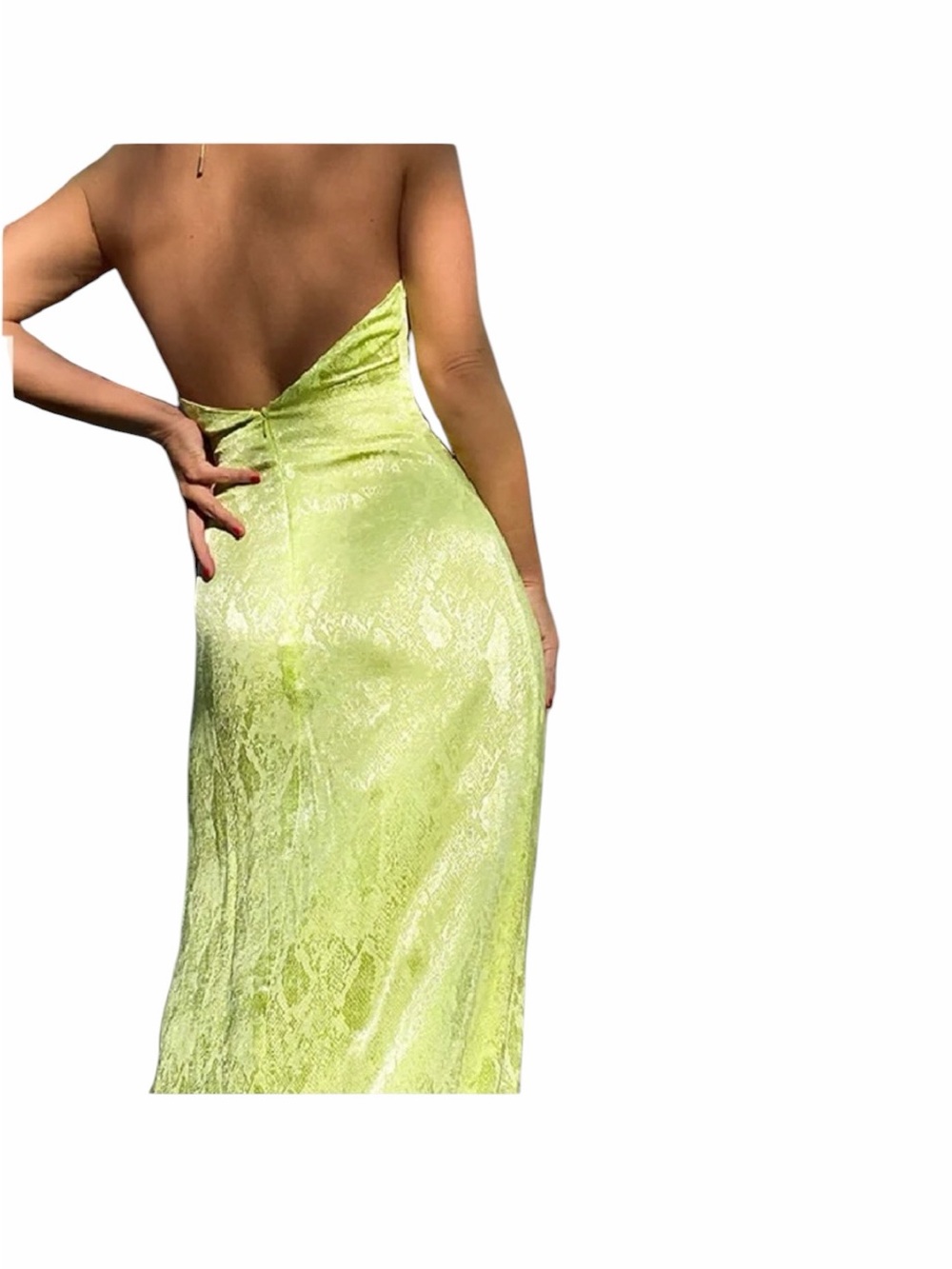 AFRM Radish Dress in Lime Green Snake Jacquard Midi Halter Front Cutout Slip NWT - Picture 15 of 16
